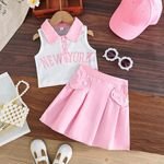 Cute Two-Piece Girls Dress with Vest Sleeveless Fashion Summer Kid Clothing Size 4-8 Years with Buttons New York Letters