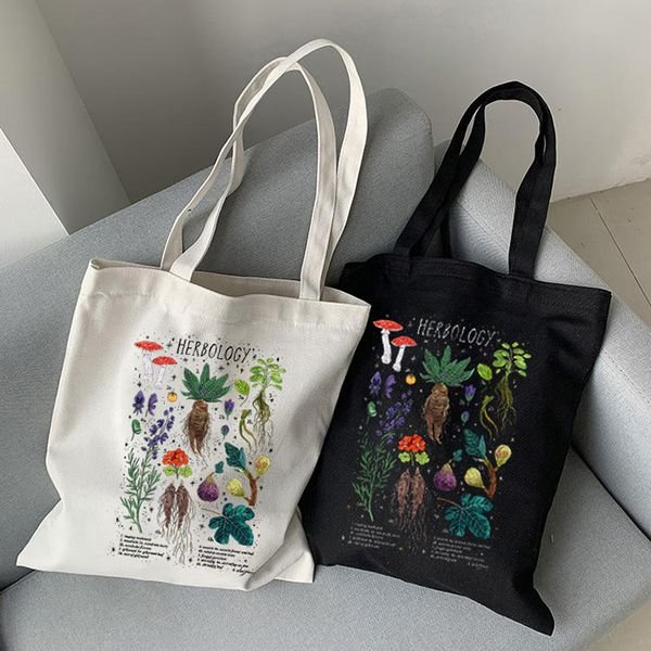 YASEN Custom Printed Harajuku Mushroom Shoulder Bag Canvas Shopper Bag Fashion Casual Cotton Black Tote Shopping Bags